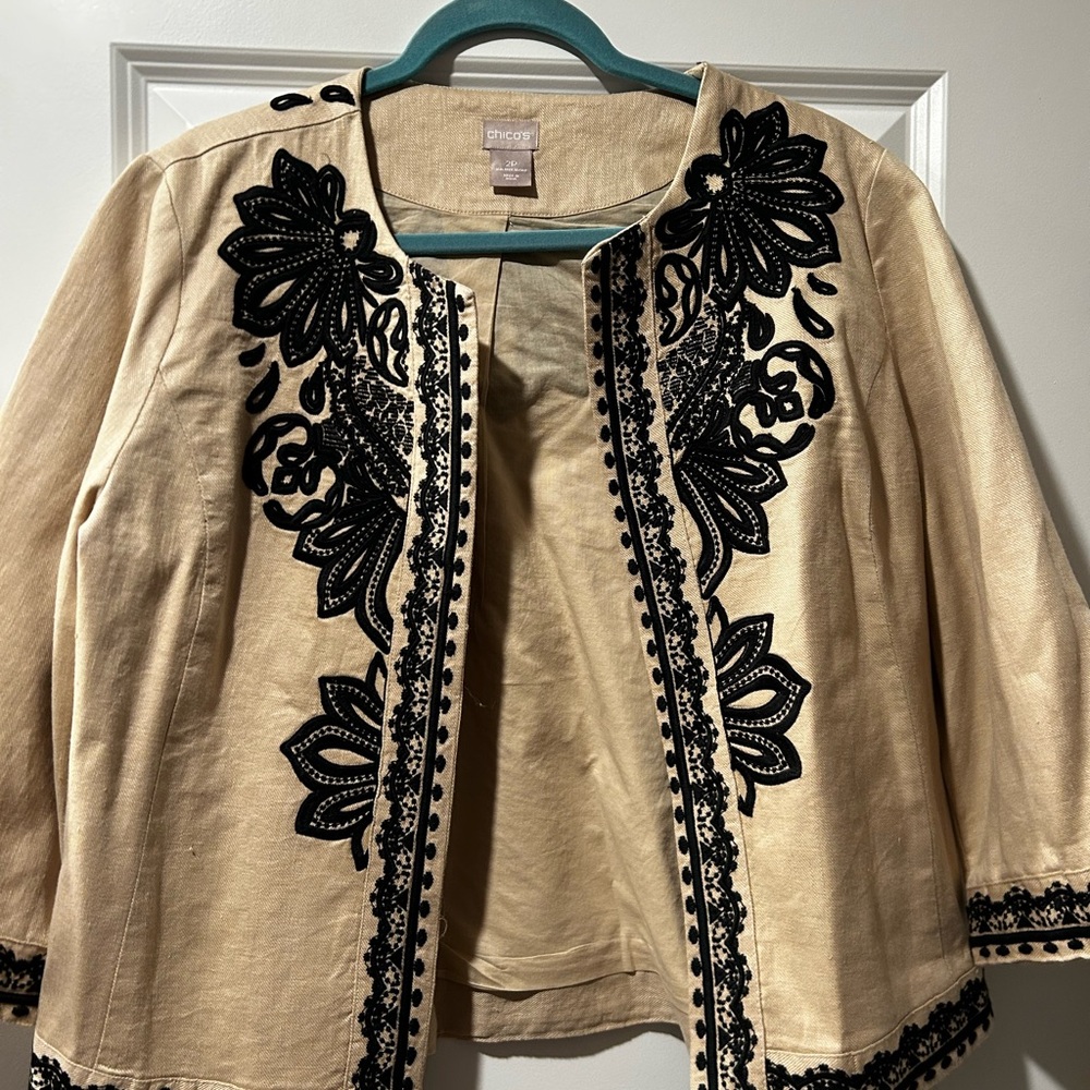 Chico's Tan Jacket with Black Detailing